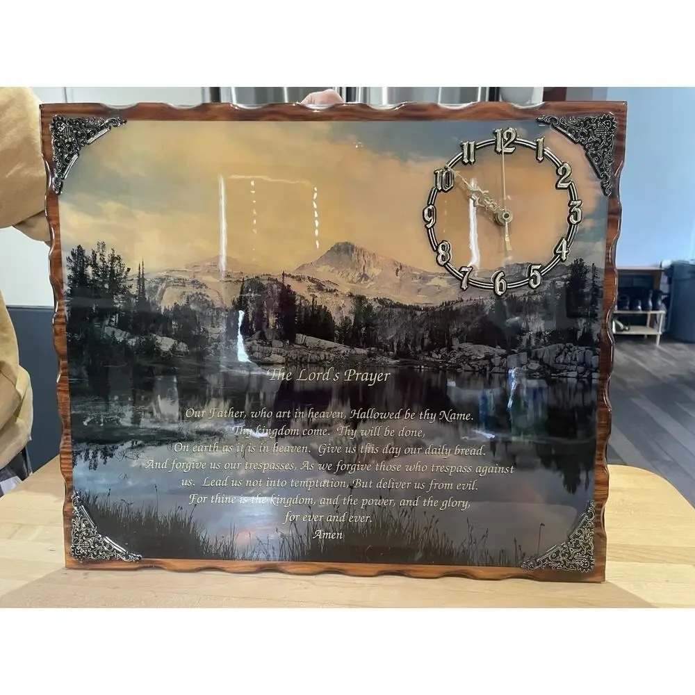 Ornate Mountain Scene Laminate Lords Prayer Clock Mounted On Pine Rustic Vtg 80s